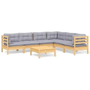 7-delige Loungeset met grijze kussens massief grenenhout 7-delige Loungeset met grijze kussens massief grenenhout