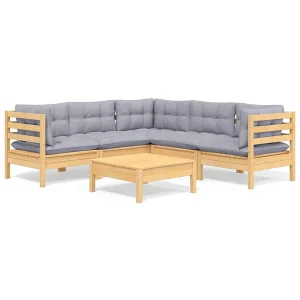 6-delige Loungeset met grijze kussens grenenhout 6-delige Loungeset met grijze kussens grenenhout