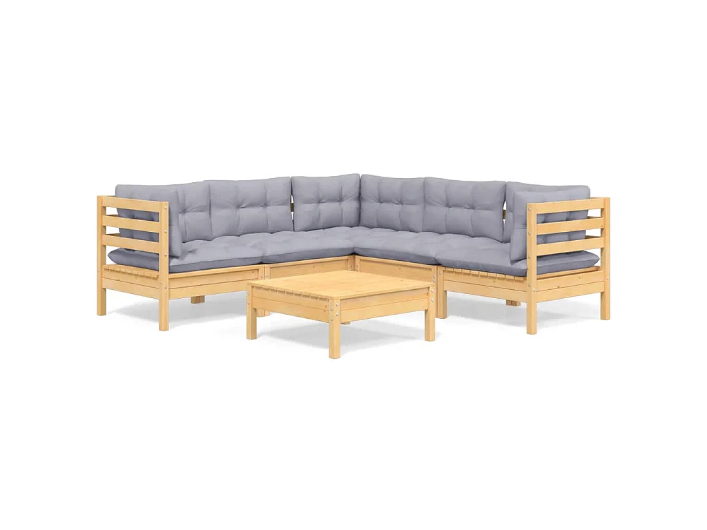 6-delige Loungeset met grijze kussens grenenhout