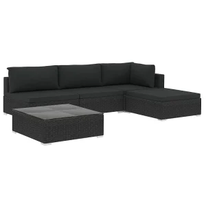 5-delige Loungeset met kussens poly rattan zwart