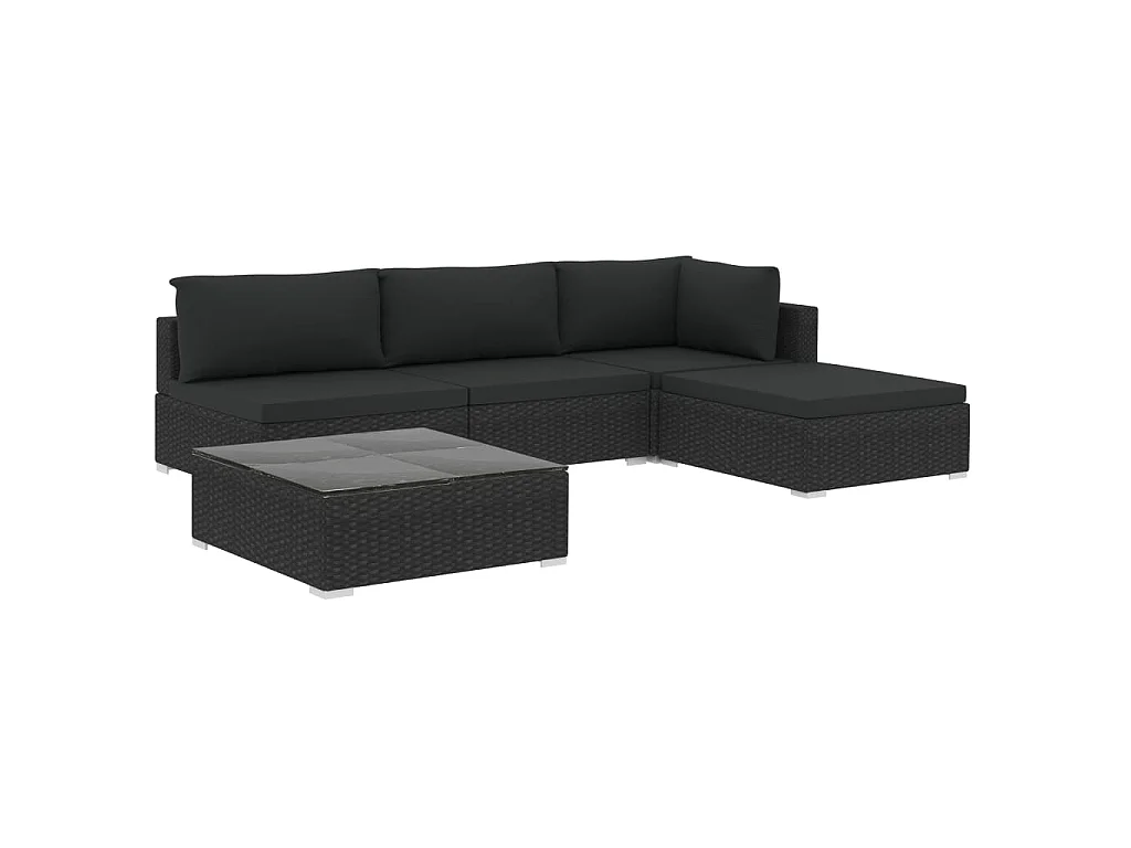 5-delige Loungeset met kussens poly rattan zwart