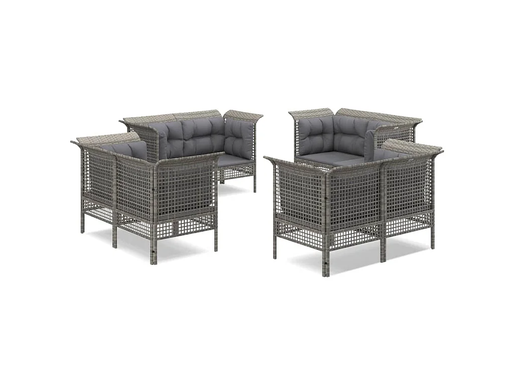 8-delige Loungeset met kussens poly rattan grijs