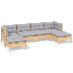 6-delige Loungeset met grijze kussens grenenhout 6-delige Loungeset met grijze kussens grenenhout