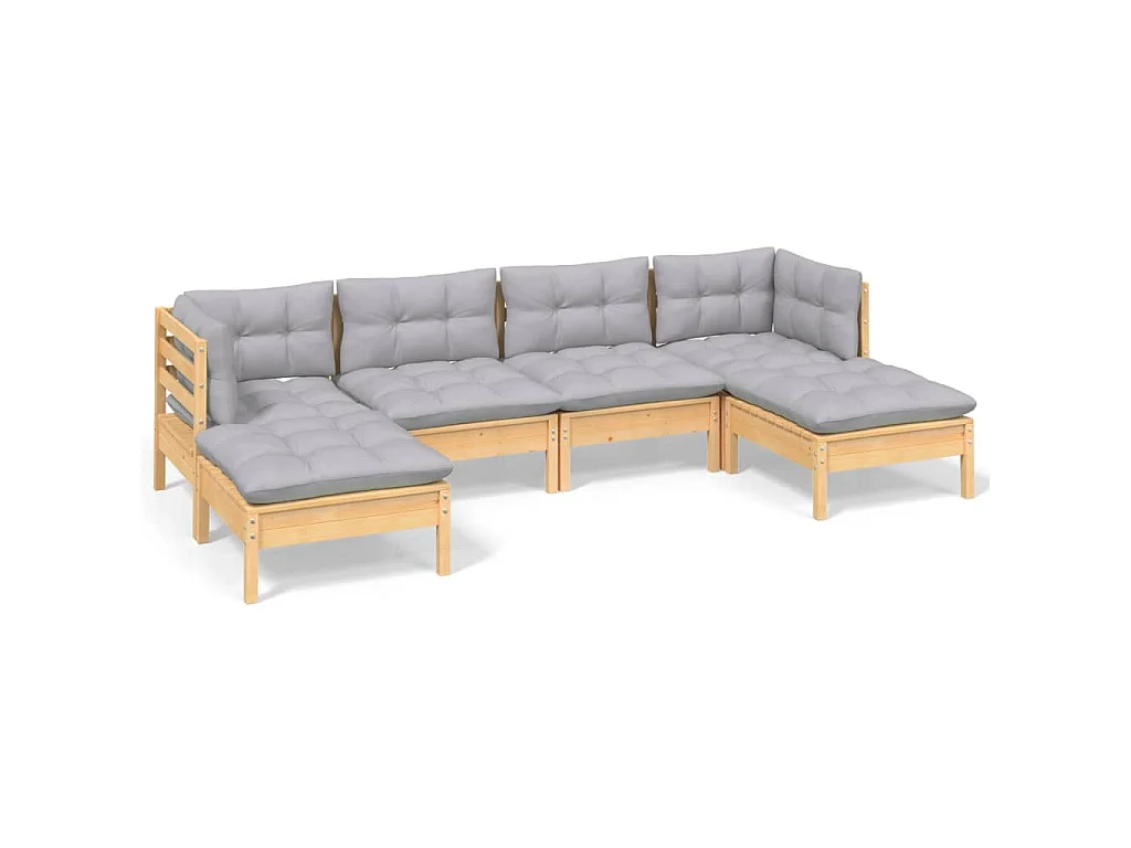 6-delige Loungeset met grijze kussens grenenhout