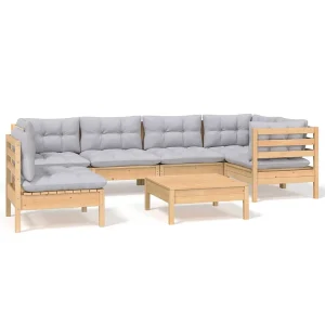 7-delige Loungeset met grijze kussens grenenhout 7-delige Loungeset met grijze kussens grenenhout