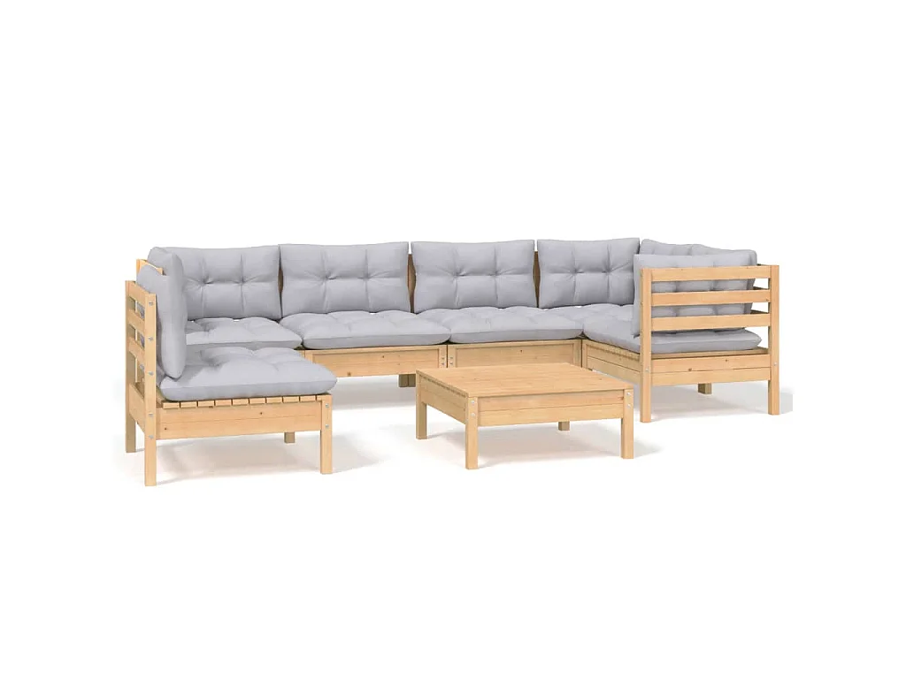 7-delige Loungeset met grijze kussens grenenhout