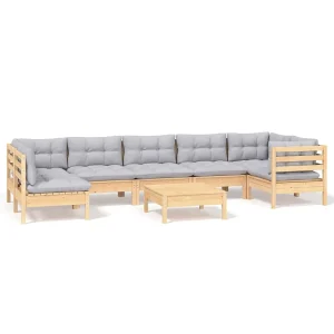 8-delige Loungeset met grijze kussens grenenhout 8-delige Loungeset met grijze kussens grenenhout