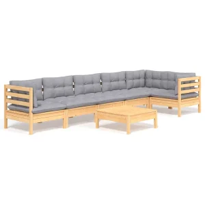7-delige Loungeset met grijze kussens grenenhout 7-delige Loungeset met grijze kussens grenenhout