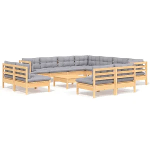 12-delige Loungeset met grijze kussens massief grenenhout 12-delige Loungeset met grijze kussens massief grenenhout
