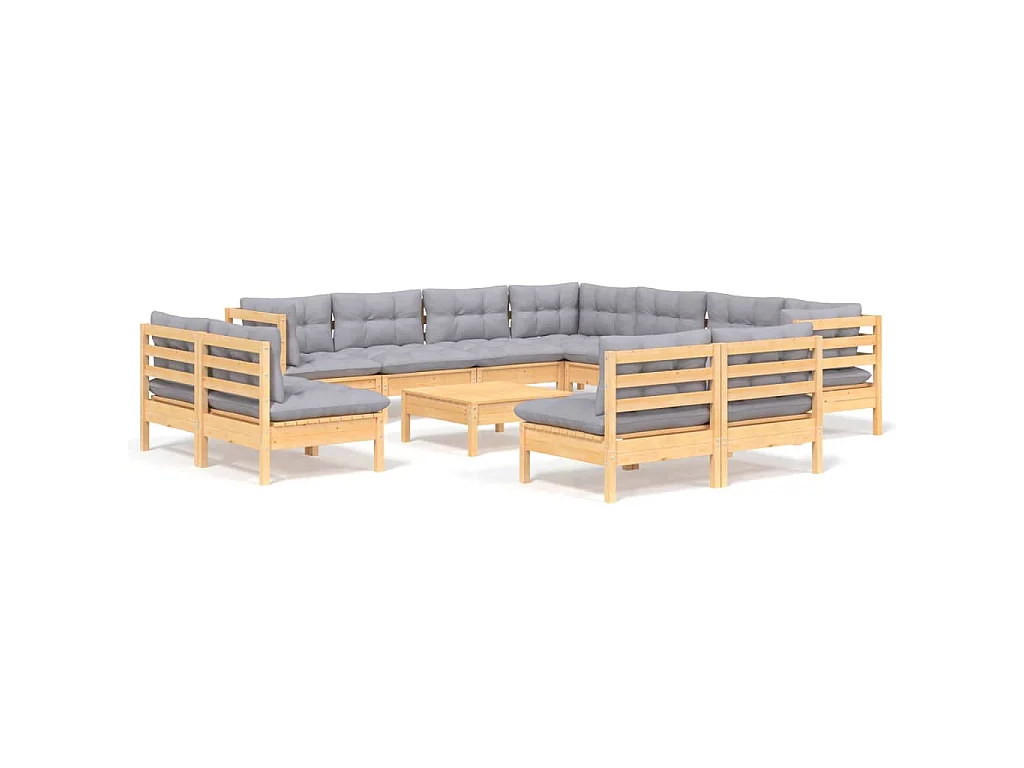 12-delige Loungeset met grijze kussens massief grenenhout