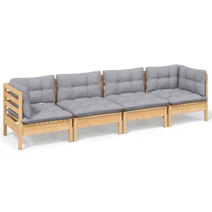 4-delige Loungeset met grijze kussens massief grenenhout 4-delige Loungeset met grijze kussens massief grenenhout