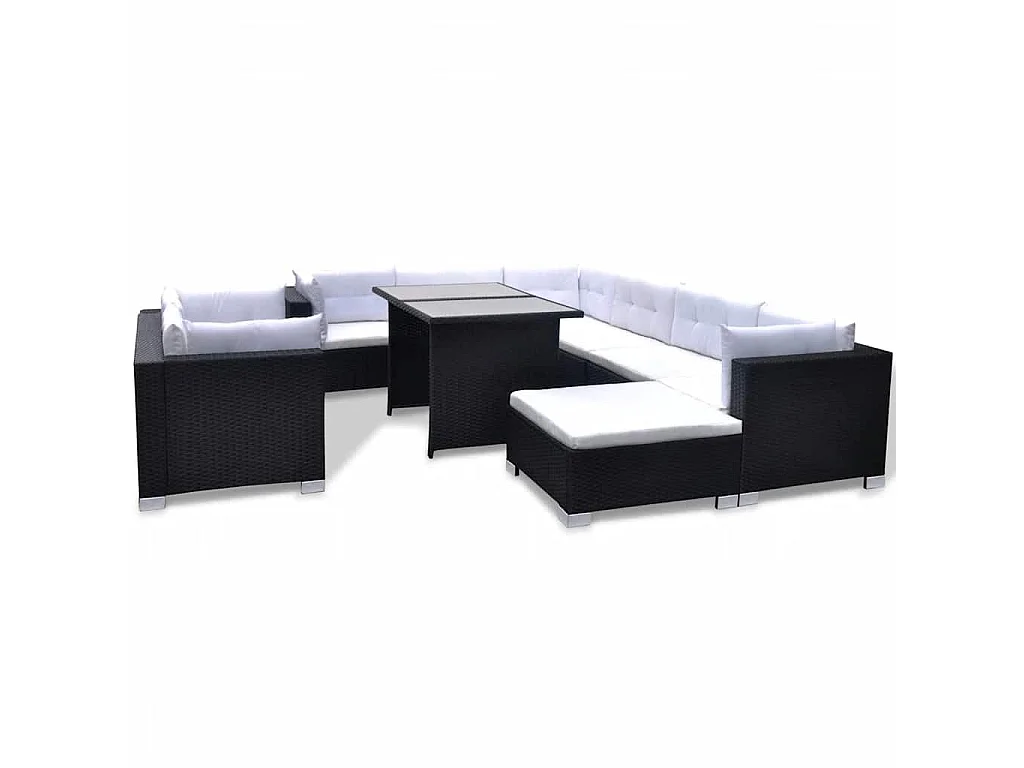 10-delige Loungeset met kussens poly rattan zwart