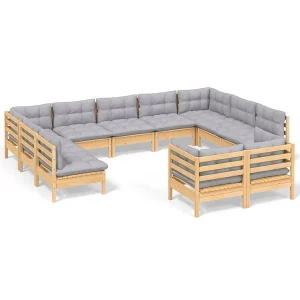 11-delige Loungeset met grijze kussens massief grenenhout 11-delige Loungeset met grijze kussens massief grenenhout