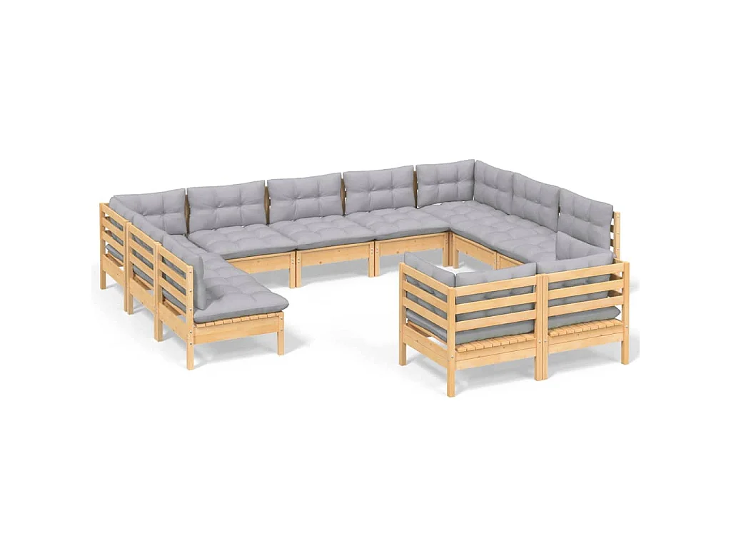 11-delige Loungeset met grijze kussens massief grenenhout
