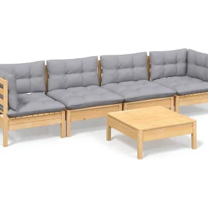 5-delige Loungeset met grijze kussens massief grenenhout