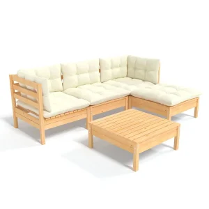 5-delige Loungeset met crèmekleurige kussens grenenhout 5-delige Loungeset met crèmekleurige kussens grenenhout