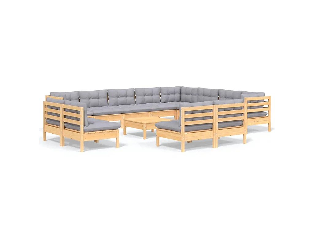 13-delige Loungeset met grijze kussens massief grenenhout
