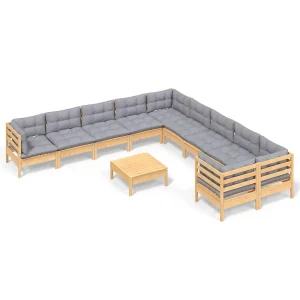11-delige Loungeset met grijze kussens grenenhout 11-delige Loungeset met grijze kussens grenenhout