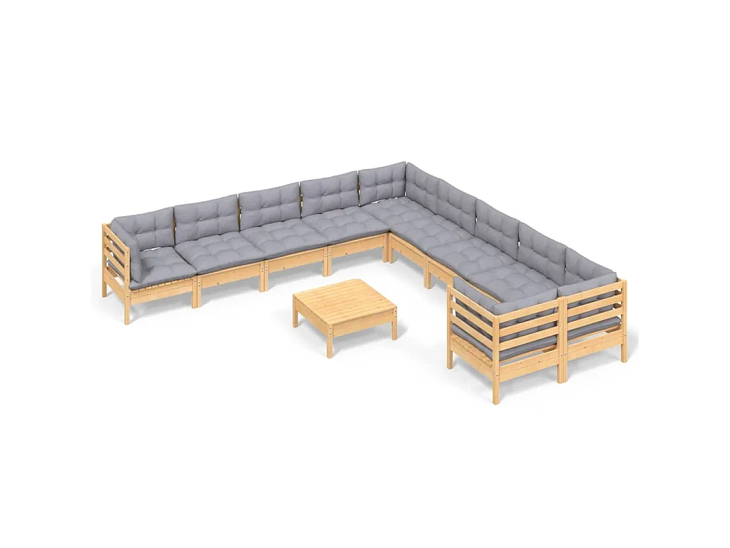 11-delige Loungeset met grijze kussens grenenhout