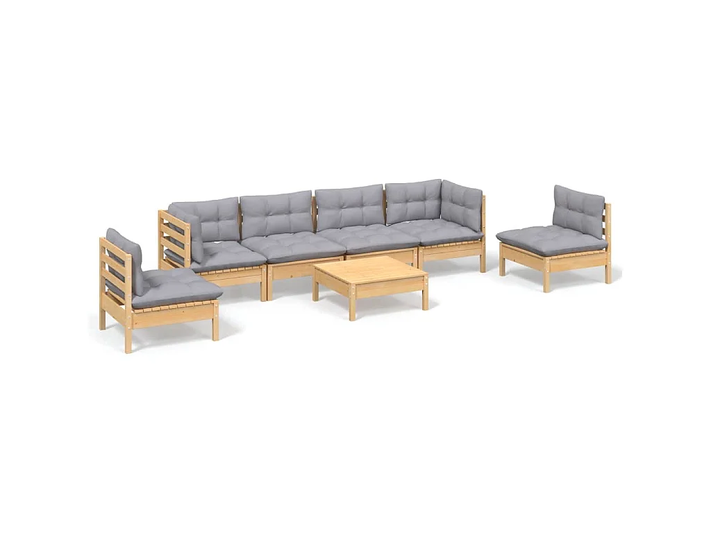 7-delige Loungeset met grijze kussens grenenhout