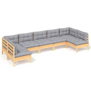7-delige Loungeset met grijze kussens massief grenenhout 7-delige Loungeset met grijze kussens massief grenenhout