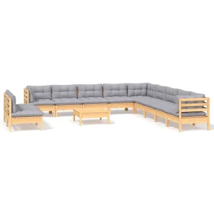12-delige Loungeset met grijze kussens massief grenenhout 12-delige Loungeset met grijze kussens massief grenenhout