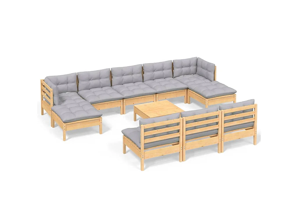11-delige Loungeset met grijze kussens grenenhout