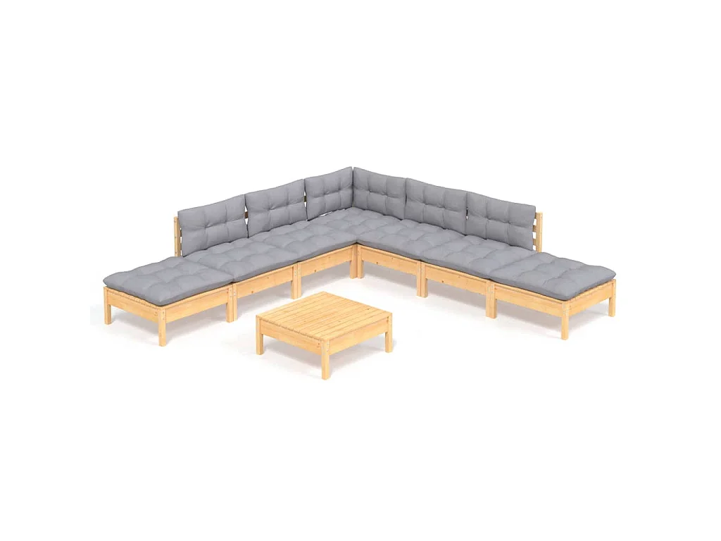 8-delige Loungeset met grijze kussens grenenhout