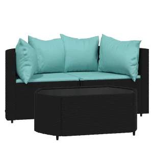 3-delige Loungeset met kussens poly rattan zwart 3-delige Loungeset met kussens poly rattan zwart