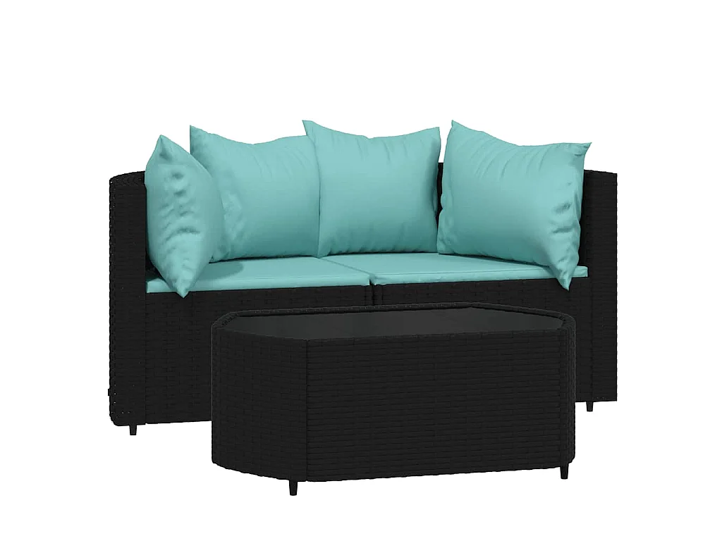 3-delige Loungeset met kussens poly rattan zwart