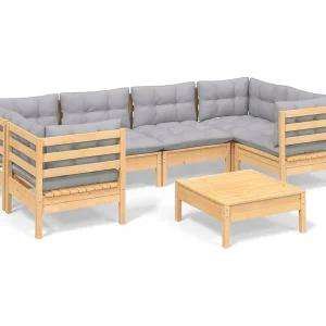 7-delige Loungeset met grijze kussens grenenhout 7-delige Loungeset met grijze kussens grenenhout