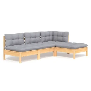 4-delige Loungeset met grijze kussens grenenhout 4-delige Loungeset met grijze kussens grenenhout