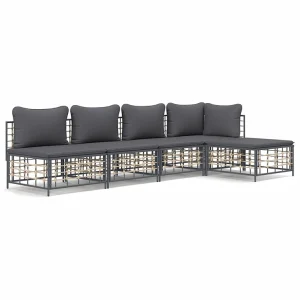 5-delige Loungeset met kussens poly rattan antracietkleurig 5-delige Loungeset met kussens poly rattan antracietkleurig