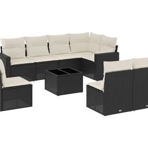 9-delige Loungeset met kussens poly rattan zwart 9-delige Loungeset met kussens poly rattan zwart