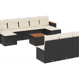 11-delige Loungeset met kussens poly rattan zwart