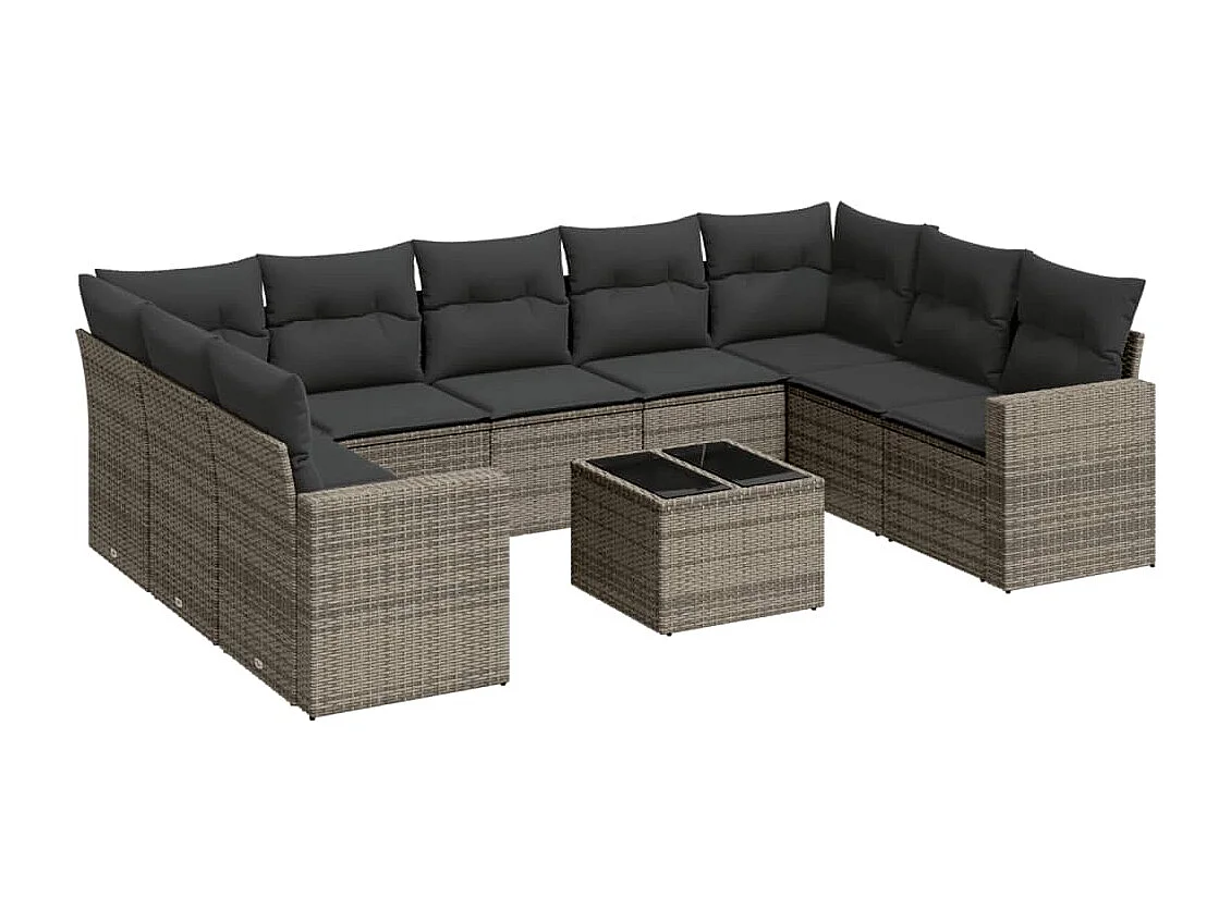 10-delige Loungeset met kussens poly rattan grijs