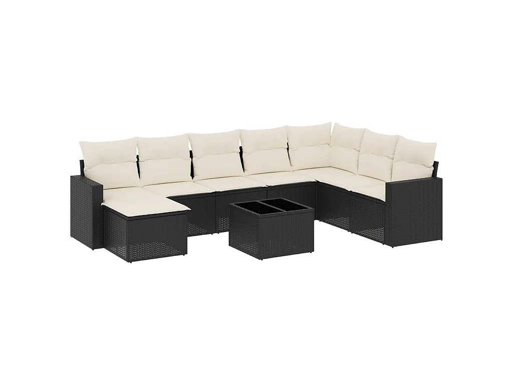 9-delige Loungeset met kussens poly rattan zwart