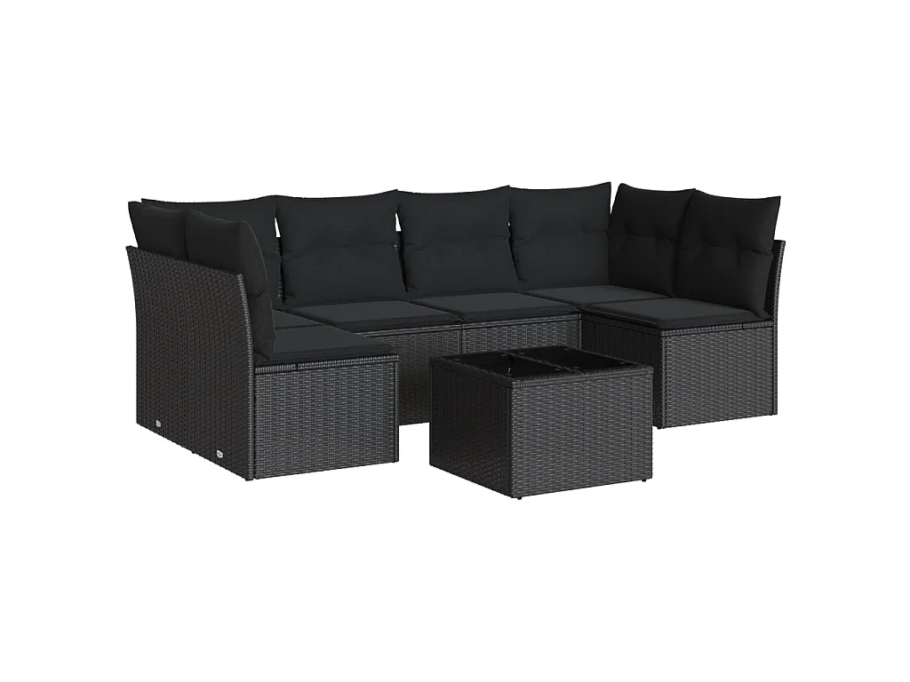 7-delige Loungeset met kussens poly rattan zwart