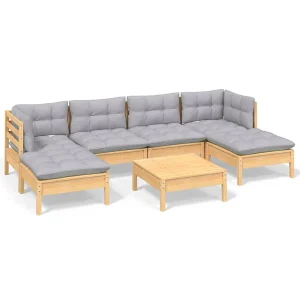 7-delige Loungeset met grijze kussens grenenhout 7-delige Loungeset met grijze kussens grenenhout
