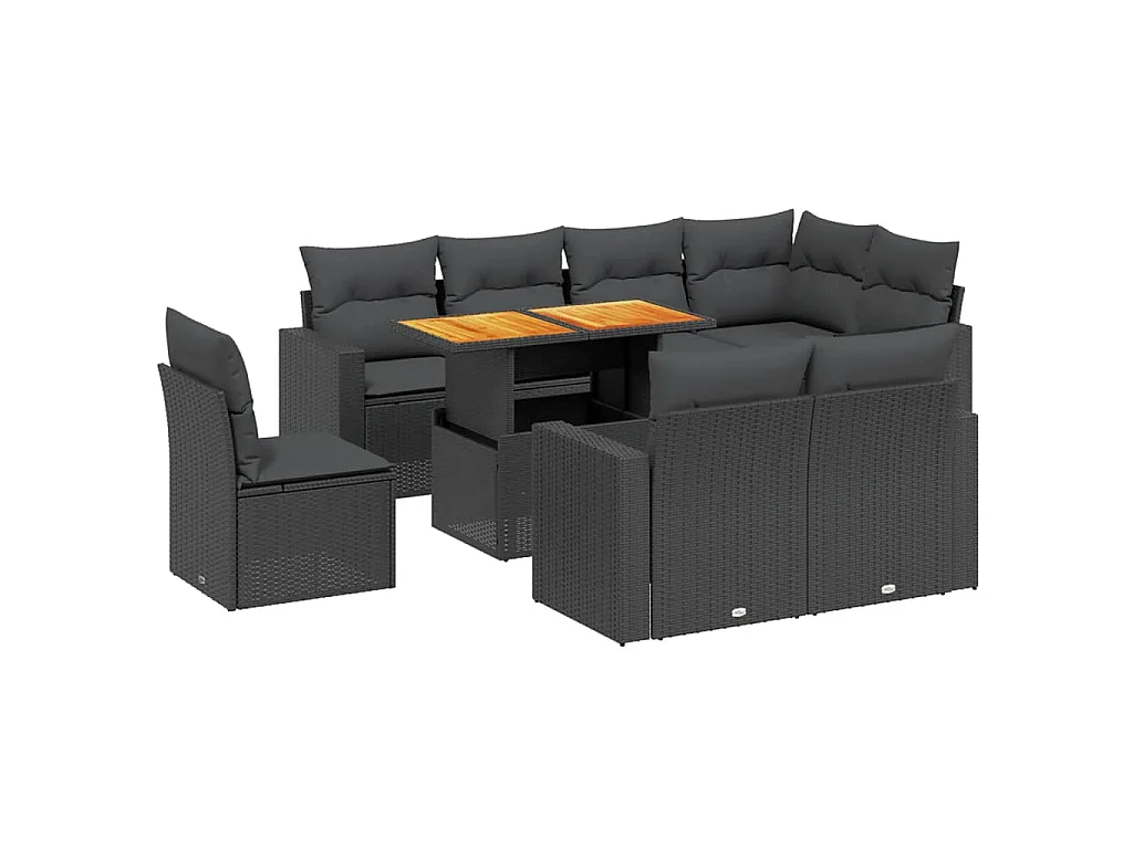 9-delige Loungeset met kussens poly rattan zwart