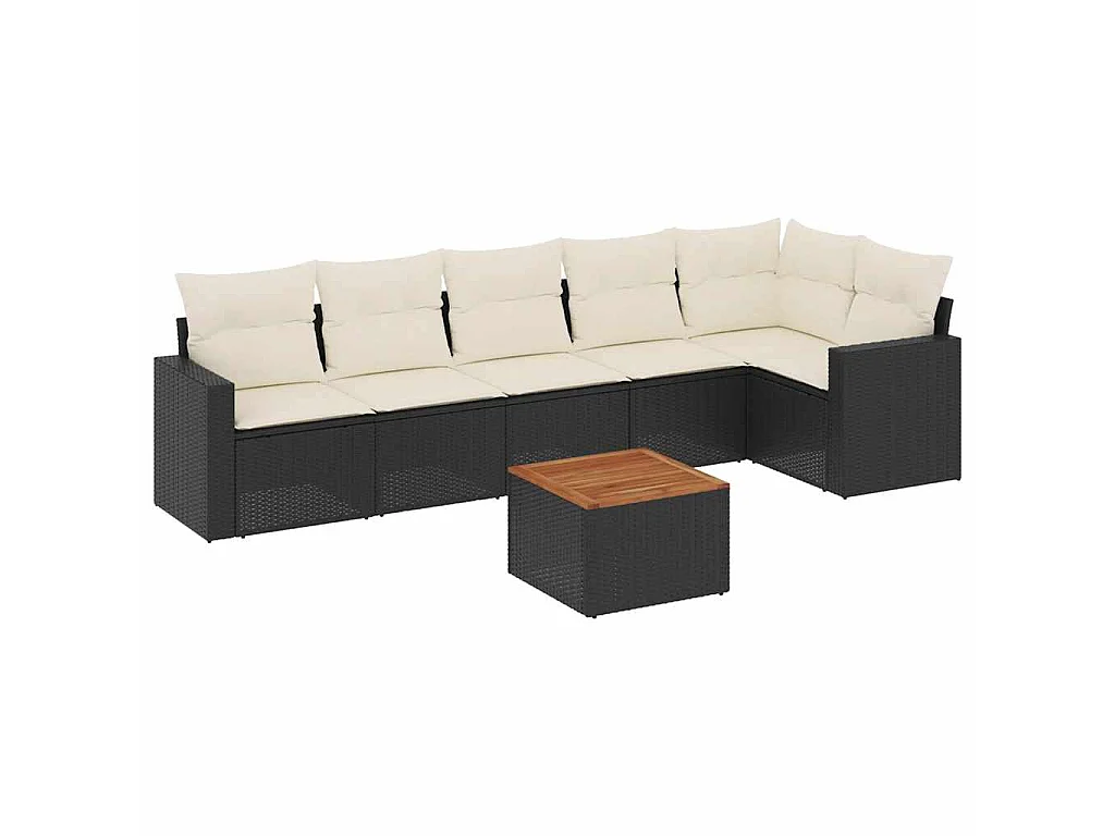 7-delige Loungeset met kussens poly rattan zwart