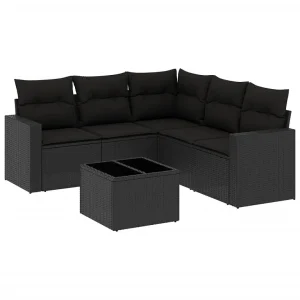 6-delige Loungeset met kussens poly rattan zwart 6-delige Loungeset met kussens poly rattan zwart