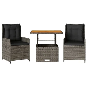 3-delige Bistroset met kussens poly rattan grijs