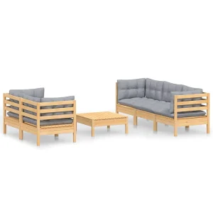 6-delige Loungeset met grijze kussens grenenhout 6-delige Loungeset met grijze kussens grenenhout