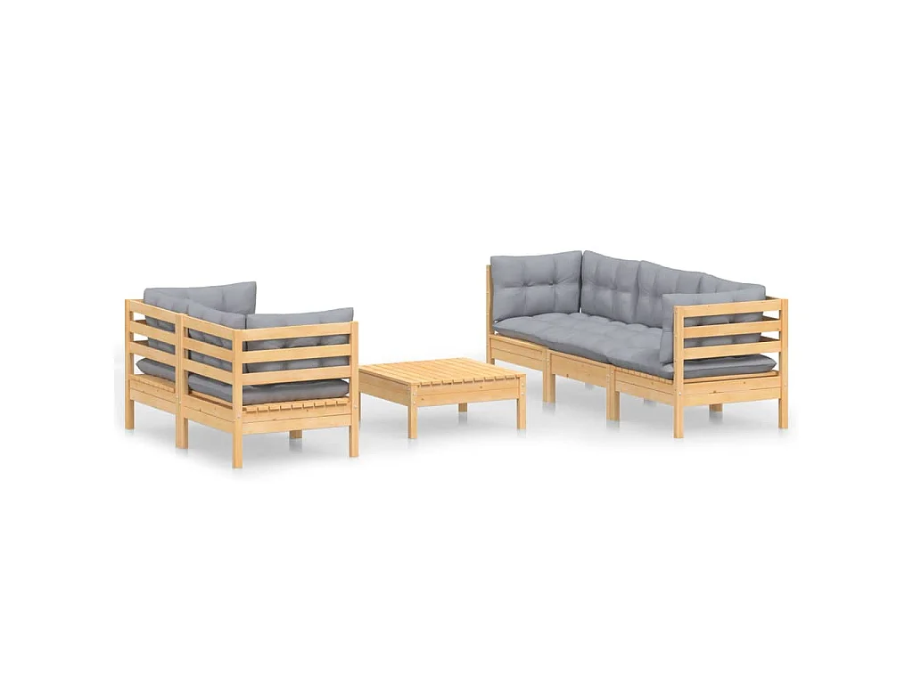 6-delige Loungeset met grijze kussens grenenhout