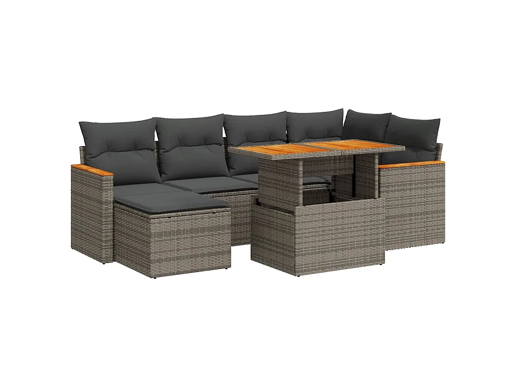 7-delige Loungeset met kussens poly rattan acacia grijs