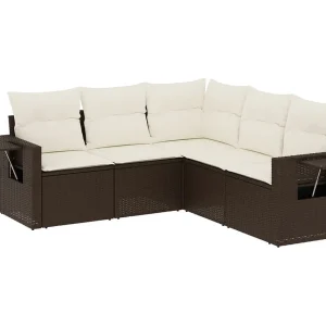 5-delige Loungeset met kussens poly rattan bruin