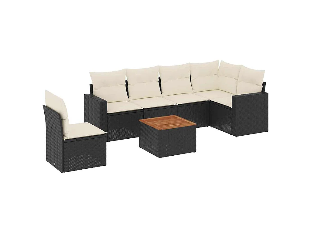 7-delige Loungeset met kussens poly rattan zwart