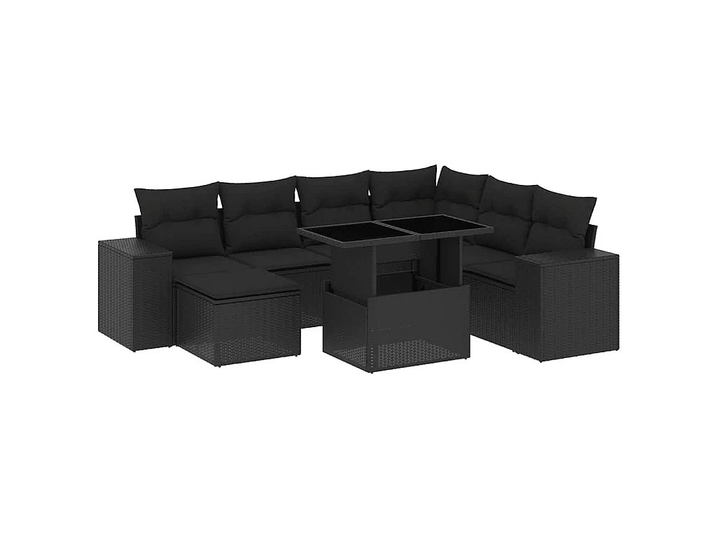 8-delige Loungeset met kussens poly rattan zwart