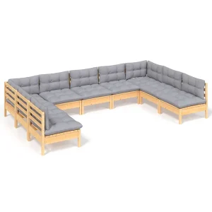 9-delige Loungeset met grijze kussens massief grenenhout 9-delige Loungeset met grijze kussens massief grenenhout